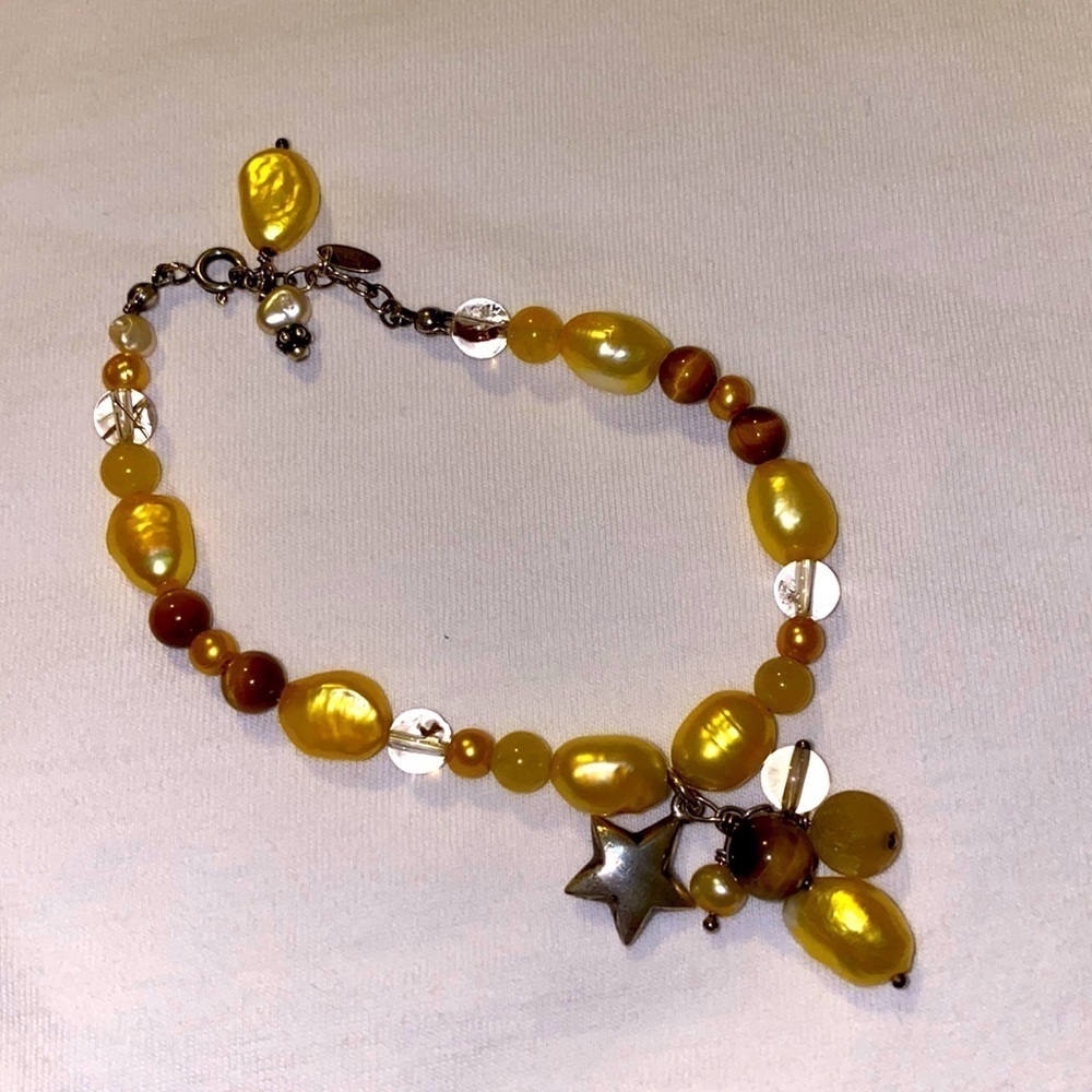 Gemstone bracelet, yellow pearls, tiger  eye 925 sterling silver